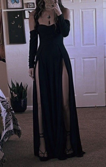 A line Off The Shoulder Black Long Party Dress Slit Prom Dresses SD1463